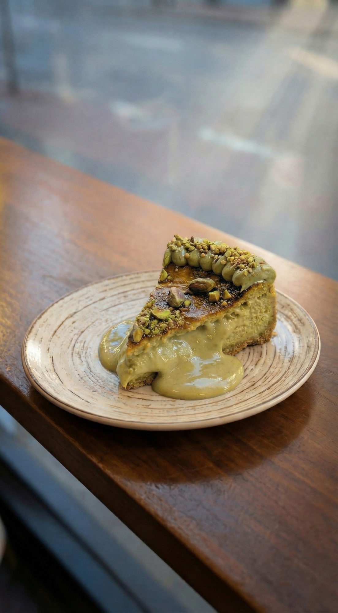 Tarta de queso de pistacho y chocolate blanco